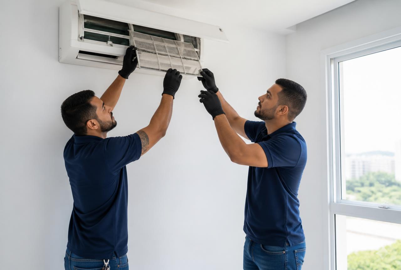 Técnico realizando manutenção em ar-condicionado